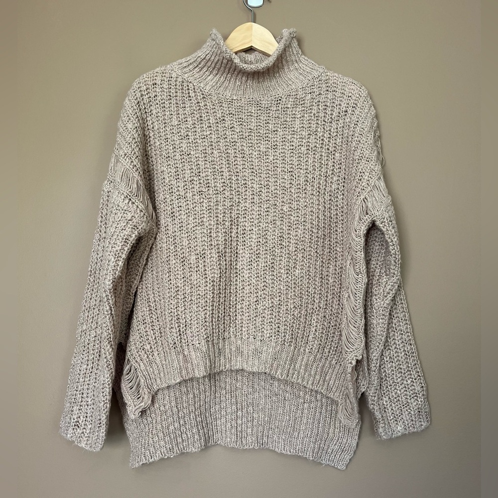 {POL} Mock Neck Knit Sweater with Hi-Low Hem & Distressing - Womens small